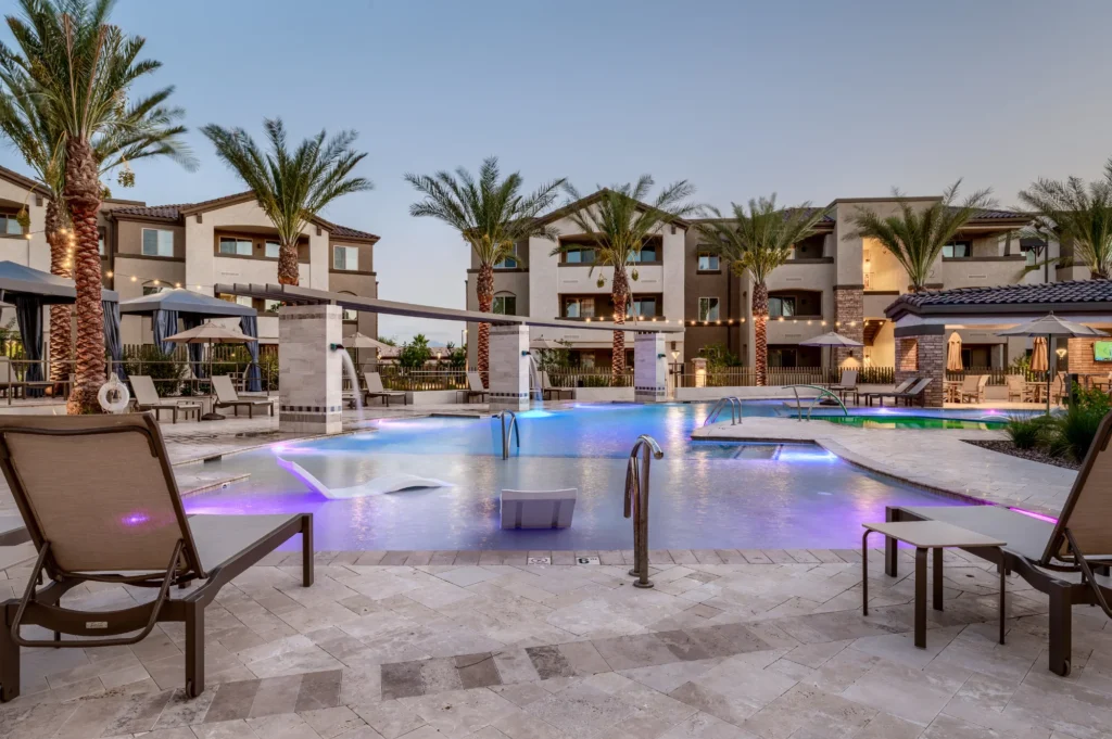 Encantada Living, Rita Ranch poolside view at twilight